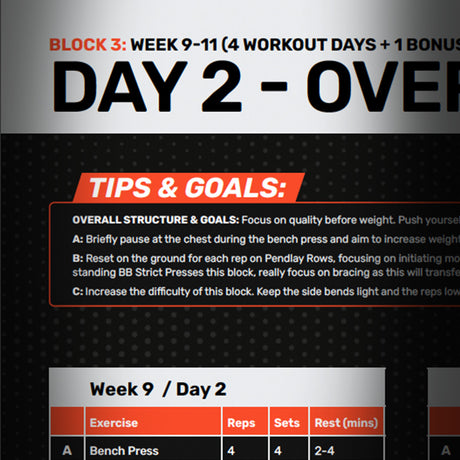 Screenshot of the Couch to 500kg - Workout Program (Digital Product) by Bells of Steel showing the "Day 2 – Over" plan, overall structure, tips A–C, and a Week 9/Day 2 table with Squat and Bench Press exercises and reps.