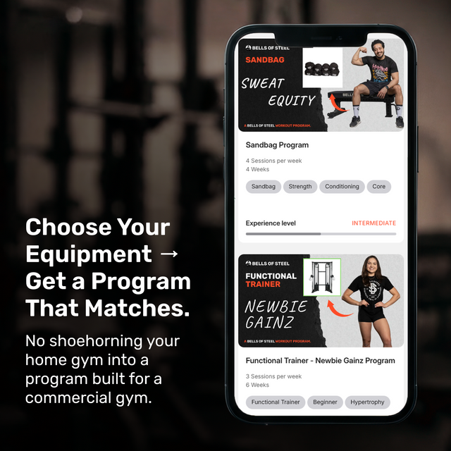 A smartphone displays two Bells of Steel Online Coaching options: "Sandbag Program" and "Functional Trainer – Newbie Gainz." Get equipment-specific, personalized fitness coaching remotely for better results.