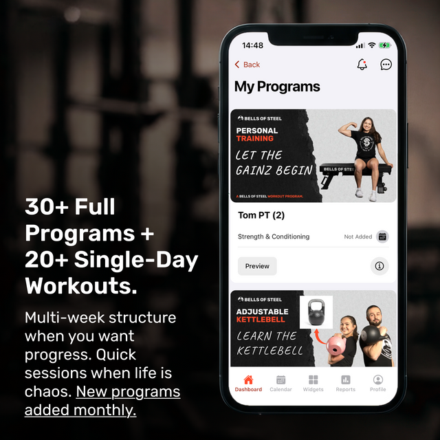A smartphone shows the Bells of Steel Training App by Bells of Steel, offering 30+ full programs and 20+ single-day workouts. New training programs are added monthly—ideal for home gym users and kettlebell routines.