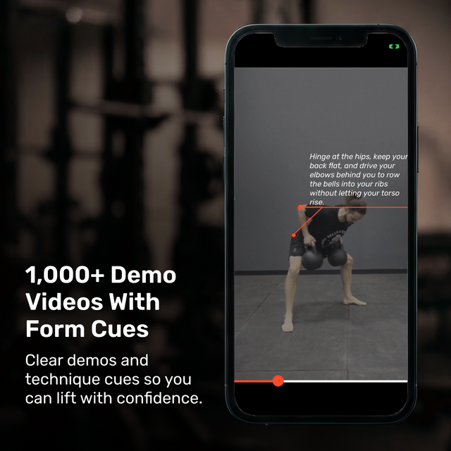 A smartphone displays a fitness demo from the Bells of Steel Training App, showing form cues for a bent-over row. Text reads: "1,000+ Demo Videos With Form Cues." Lift with confidence—perfect for your home gym or strength training!.