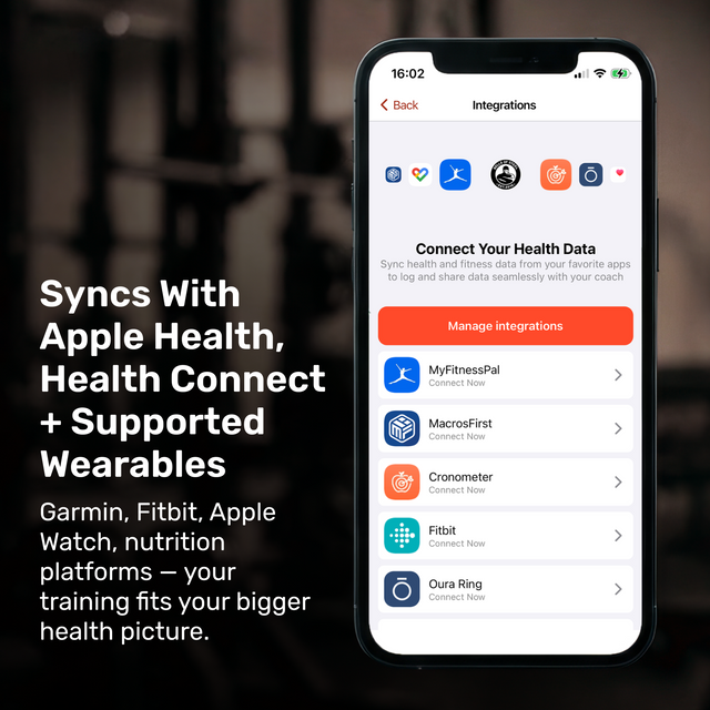 A Bells of Steel Online Coaching smartphone screen shows health app integration, syncing with Apple Health, Health Connect, Fitbit, Oura Ring, MyFitnessPal, MacroFactor, Cronometer, and wearables for personal training options.