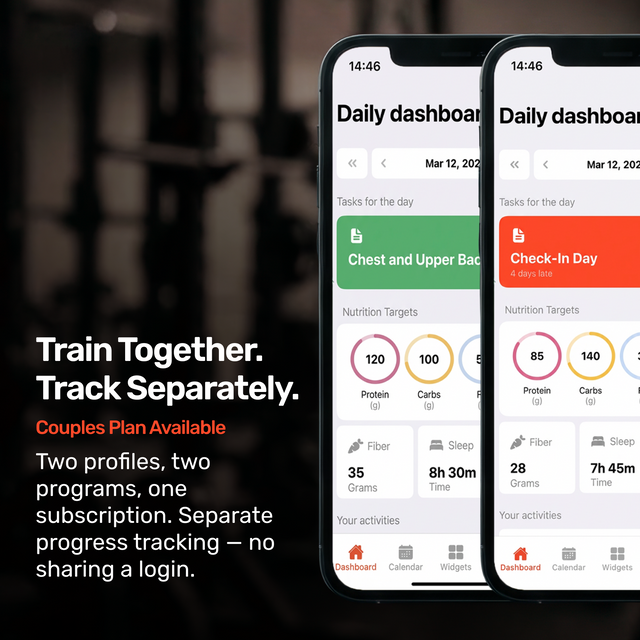 Two smartphones show Bells of Steel’s Online Coaching app with two profiles and separate tracking—perfect for couples, remote coaching, or personalized fitness. Text highlights individual workout tracking on the Couples Plan.