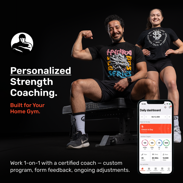 Two people in athletic wear pose confidently in a gym—one flexing, the other smiling. Bells of Steel Online Coaching and its mobile app dashboard are featured, highlighting their personalized fitness program.