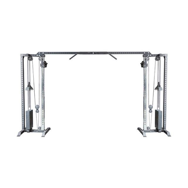 The Bells of Steel Cable Crossover Machine, in neutral lighting, features dual adjustable handles, two weight stacks, and a multi-grip ergonomic pull-up bar for diverse strength training exercises to enhance your fitness routine.