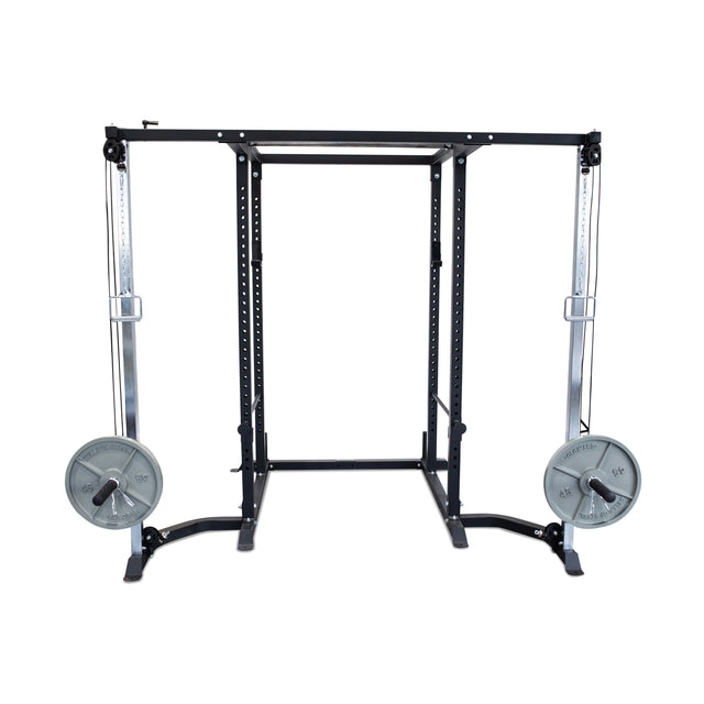 The Bells of Steel Cable Crossover (2.3" x 2.3" Racks) is a black and silver strength training machine featuring a pulley system and weight plates on both sides, shown on a white background.
