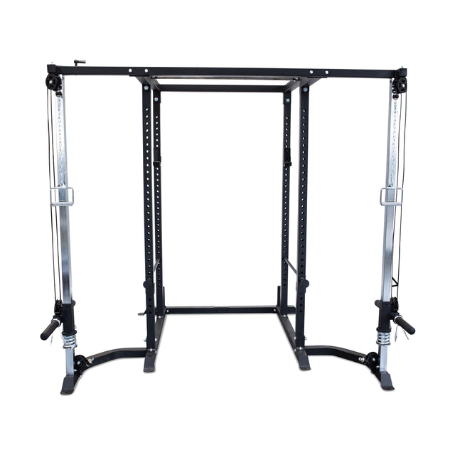 The Bells of Steel Cable Crossover (2.3" x 2.3" Racks) is a black and silver power rack with adjustable cable pulleys and handles, ideal for weightlifting and strength training, shown against a white background.