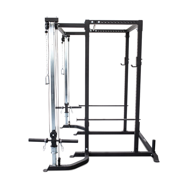 The Bells of Steel Cable Crossover (2.3" x 2.3" Racks) is a black and silver power rack with a rack pulley system and cable crossover attachment, designed for weightlifting and strength training, shown on a white background.