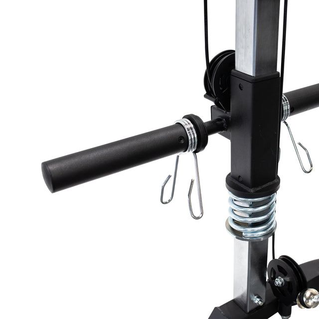 Close-up of a Cable Crossover handle from Bells of Steel, featuring metal hooks, springs, and pulleys on a vertical 2.3" x 2.3" rack frame—perfect for creating a versatile home gym setup.