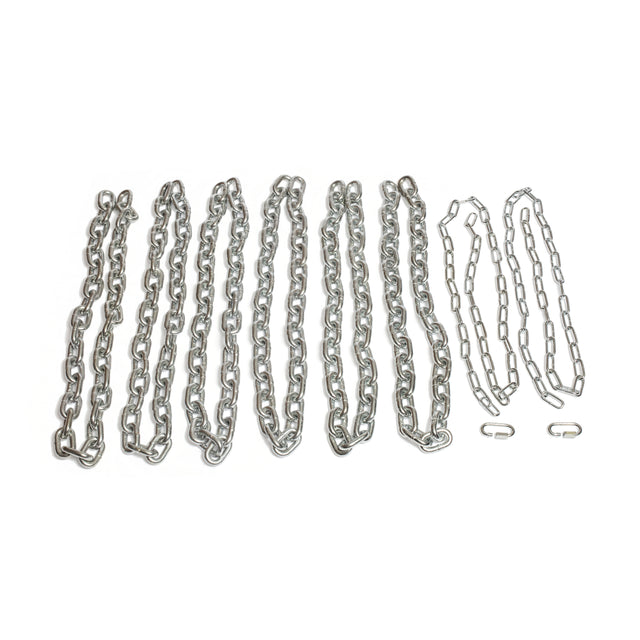 Eight Bells of Steel Weightlifting Chains, rust-resistant and varying in length and thickness, are lined up on a white background. Two small links sit near the thinner chains, ideal for progressive resistance or muscle stimulation exercises.