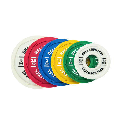 Six color-coded Bells of Steel Urethane-Coated Change Plates, labeled and ranging from 0.5 kg to 2.5 kg in white, red, blue, yellow, and green, are displayed in a semi-circle on a white background.