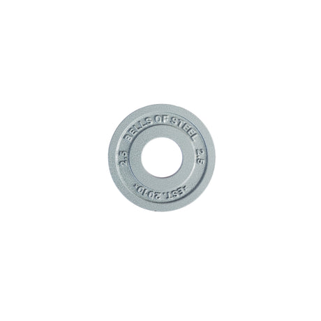 A round, silver Machined Iron Olympic Weight Plate by Bells of Steel, labeled "2.5" with "ASTR:20102" engraved near the precision hole, is photographed against a plain white background.