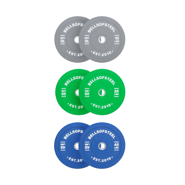 The Bells of Steel Coloured Bumper Plate Sets include pairs in gray (10 lbs), green (25 lbs), and blue (45 lbs). Each plate has a durable stainless steel insert and accurate weight, with "BELLSOFSTEEL" branding.