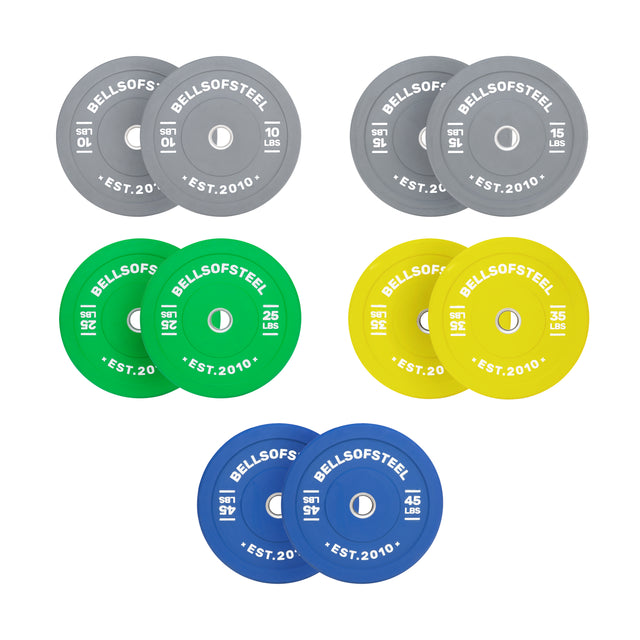 The Bells of Steel Coloured Bumper Plate Sets include 12 plates: gray 10lb & 25lb pairs, green 25lb pair, yellow 35lb pair, and blue 45lb pair. All feature a stainless steel insert for durability and precision weight.