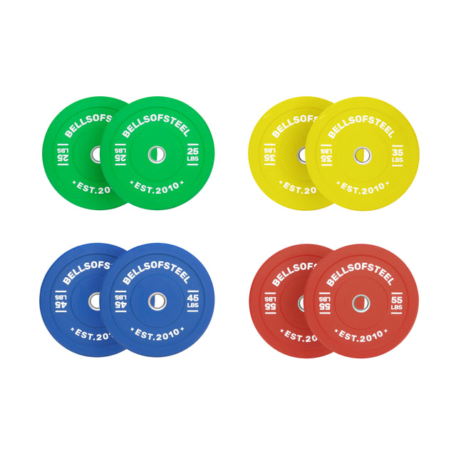 The Bells of Steel Coloured Bumper Plate Sets include four pairs (green 25 lbs, yellow 35 lbs, blue 45 lbs, red 55 lbs), each with stainless steel inserts and accurate weight markings.