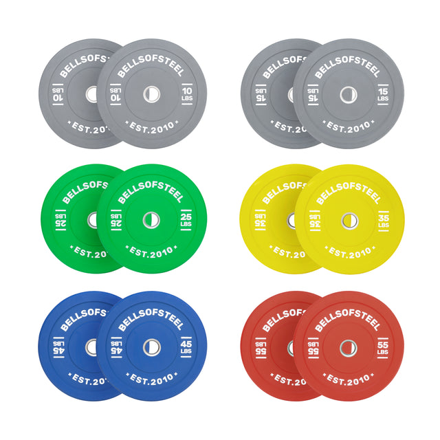 The Bells of Steel Coloured Bumper Plate Sets include six pairs in gray, green, yellow, blue, and red with stainless steel inserts and precise weight labels from 10 to 55 pounds.
