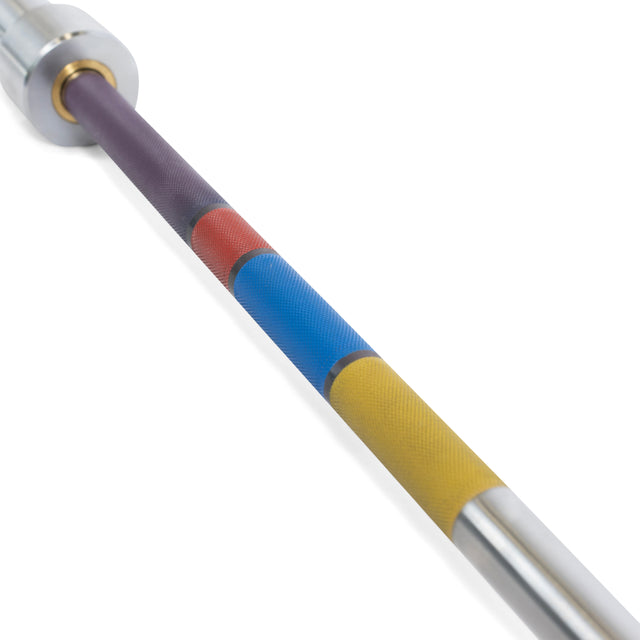 The Bells of Steel Hydra Seven Ring Bar is a powerlifting bar with knurled grips, hand placement rings, and four colored bands—purple, red, blue, and yellow—featured on a white background.