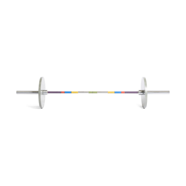 The Bells of Steel Hydra Seven Ring Bar features white plates, colorful bands, and visible hand placement rings, displayed against a white background.