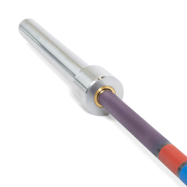 A close-up of the Bells of Steel Hydra Seven Ring Bar shows its silver sleeve, textured purple shaft, and distinctive blue and red hand placement rings near the end.