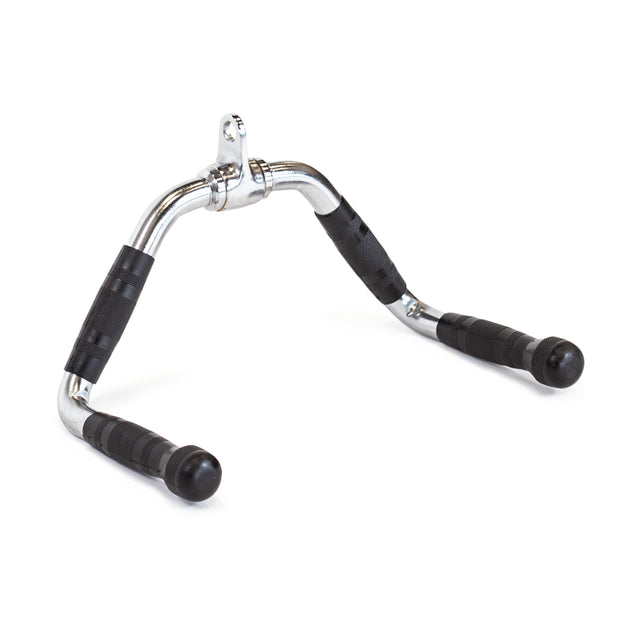 The Bells of Steel Multi Purpose Close Grip Cable Attachment features a chrome-plated V-shape, two rubber grips, and a central eyelet for connecting to gym equipment—ideal for strength exercises like rows or pulldowns.