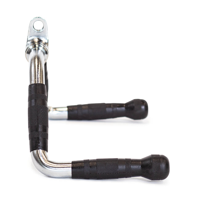 The Bells of Steel Multi Purpose Close Grip Cable Attachment, shown on a white background, is a metal lever with black rubber grips that can also be used as a motorcycle kick starter lever.