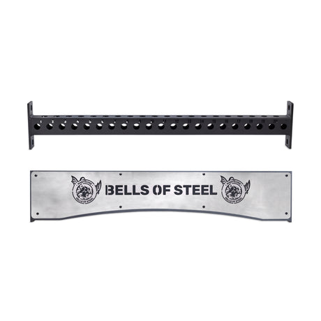 The Bells of Steel Logo Plate Crossmembers attach to a Hydra power rack and feature a separate silver plate displaying the brand logo with illustrated dog heads on each side.