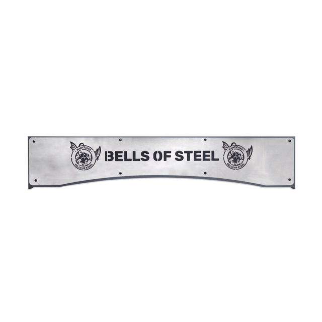 The Bells of Steel Logo Plate Crossmembers feature a curved metal plate with "BELLS OF STEEL" in bold black letters and two bull's head with wings logos; compatible with Hydra and Manticore power rack systems.