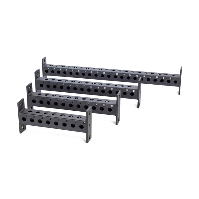 Four Bells of Steel Manticore Crossmembers with numbered holes are arranged in a staggered formation on a white background. Each crossmember features mounting plates and rows of circular holes, designed for Manticore Rack uprights.
