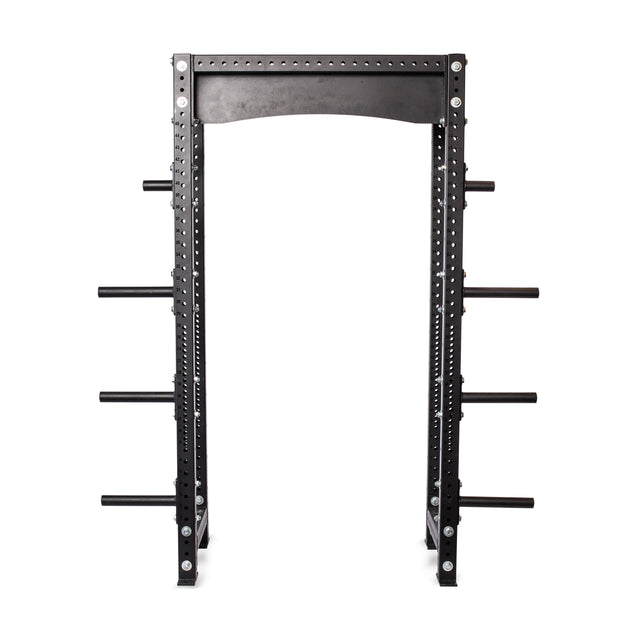 The Bells of Steel Hydra Collegiate Power Rack - Prebuilt features 3"x3" uprights, ⅝" holes for adjustable attachments, and six horizontal pegs per side for plate storage, shown in black metal against a white background.