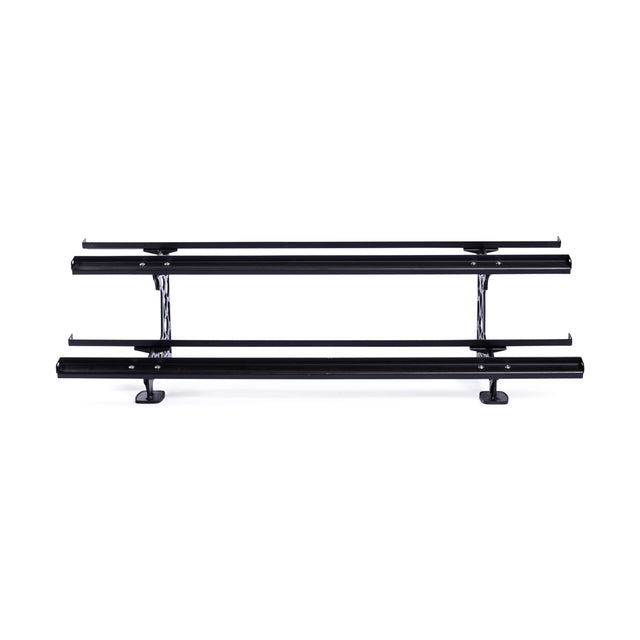 The Commercial Interchangeable Weight Rack - Components Only by Bells of Steel features a sleek, minimalistic design with a black metal frame and wooden slats for functionality. When set against a plain white background, its modern style truly stands out. It perfectly complements your workout space alongside competition kettlebells for an elegant and streamlined appearance.