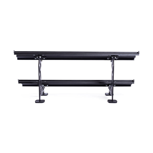 Front view of the Bells of Steel Commercial Interchangeable Weight Rack, a black metal bench with two levels and a swappable storage shelf, set against a plain white background.