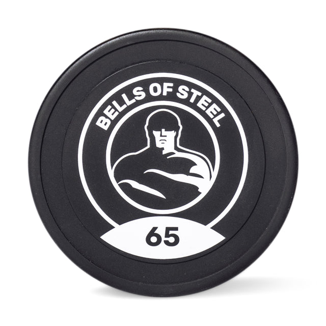 A round, black weight plate with "Bells of Steel," a muscular figure, and "65"—built for commercial-grade durability to pair perfectly with Bells of Steel Urethane Dumbbell Sets in any gym.