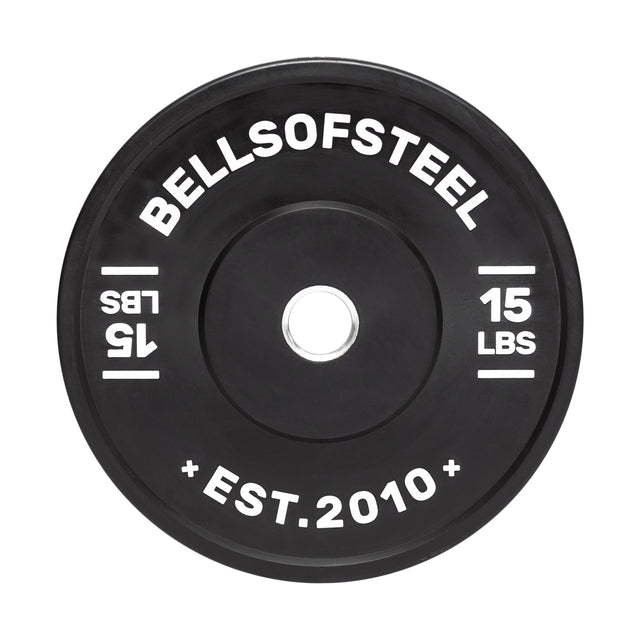 The "Dead Bounce Conflict Bumper Plates" by Bells of Steel are black weight plates with "15 LBS" and "EST. 2010" in white, featuring a stainless steel insert for easy bar fitting. Designed for durability and precision, they are perfect for any workout.