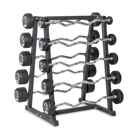 The Bells of Steel Fixed Barbell Rack, in black, holds multiple EZ curl barbells with round rubber-coated weights, arranged in horizontal pairs. This sleek storage solution is displayed against a plain white background.