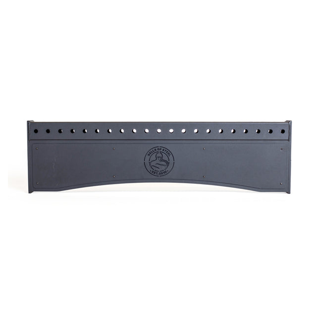 The Bells of Steel Logo Plate Crossmember is a black metal rack mount panel with multiple circular holes along the top and a center logo plate featuring a thumbs-up.