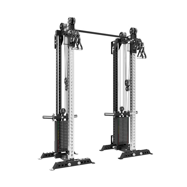 The Bells of Steel Oblivyon Tower - 3" x 3” Cable Tower Squat Stands is a free-standing unit with dual adjustable cable towers, weight stacks, and a pull-up bar for strength training and versatile resistance exercises.