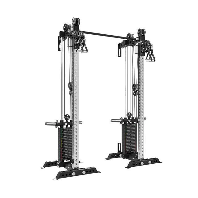 The Bells of Steel Oblivyon Tower - 3" x 3” Cable Tower Squat Stands features weight stacks, pulleys, handles, and a pull-up bar for versatile strength training and cable exercises in any gym.