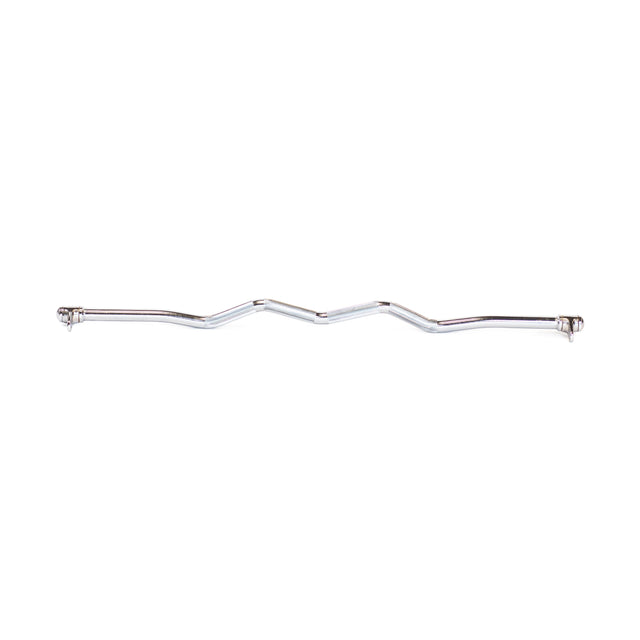 The Bells of Steel Double Hook EZ Curl Bar Cable Attachment, chrome-plated with a zigzag design, is shown against a white background. It features double hooks and is ideal for joint-friendly barbell exercises.