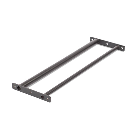 The Bells of Steel Fat/Skinny Pull Up Bar features two parallel metal rods joined by end plates with three mounting holes each, making it perfect for power rack setups. The product is displayed on a white background.