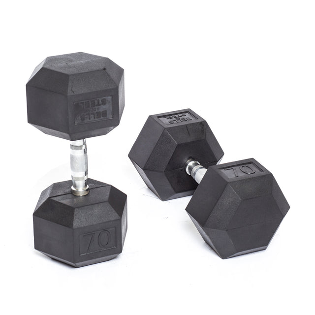 A pair of Bells of Steel Ergo Rubber Hex Dumbbells, with "70" on black hexagonal weights and ergonomic grips—one upright, one on its side—are displayed against a crisp white backdrop.