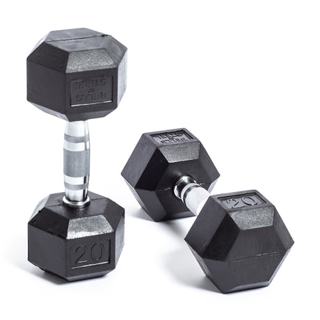 Two Ergo Rubber Hex Dumbbells from Bells of Steel, featuring ergonomic metallic handles, are displayed against a clean white backdrop. One is upright and the other is on its side, each marked with "20," showcasing their commercial-grade durability.