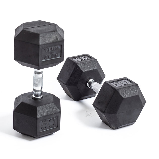 Two Bells of Steel Ergo Rubber Hex Dumbbells, each 50 lb, feature black heads with silver handles and "50" markings. One stands upright while the other lies on its side against a white background.