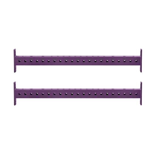 Two identical Bells of Steel Hydra Crossmembers in purple metal, featuring evenly spaced holes, are aligned horizontally and parallel to each other on a white background.