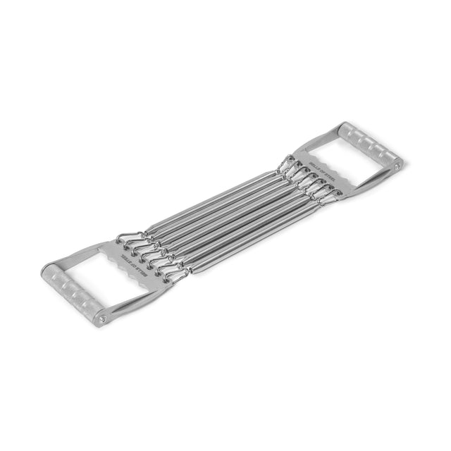 The Bells of Steel Chest Expander is a silver bodybuilding tool with five detachable metal springs connected to handles, providing adjustable resistance for strength training and enhancing your workout routine.