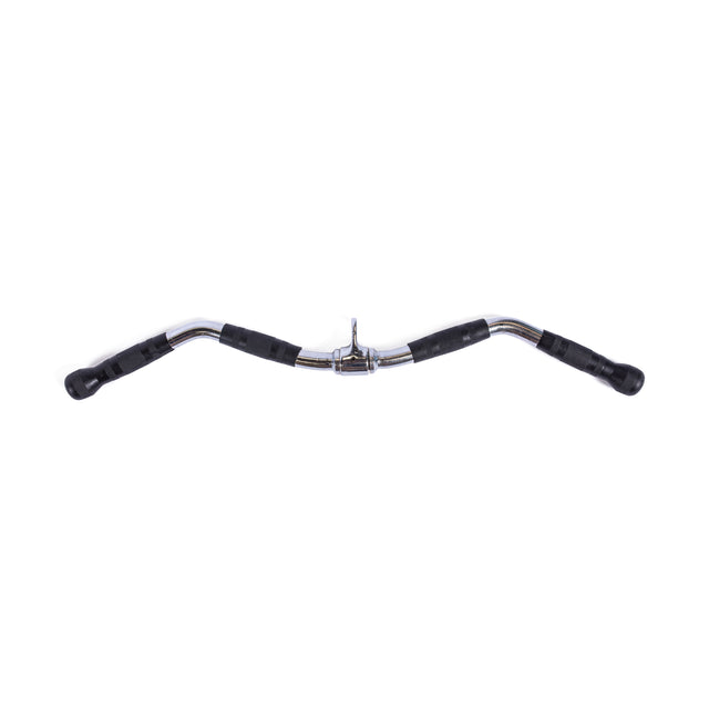 The Bells of Steel Multi Grip Curl Bar Cable Attachment features chrome construction and rubber grips on both ends, perfect for arm muscle isolation during strength training, shown on a white background.