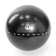The Bells of Steel Exercise Ball is black with horizontal ridges, a logo, and a band of white icons around the center showing various workout poses.