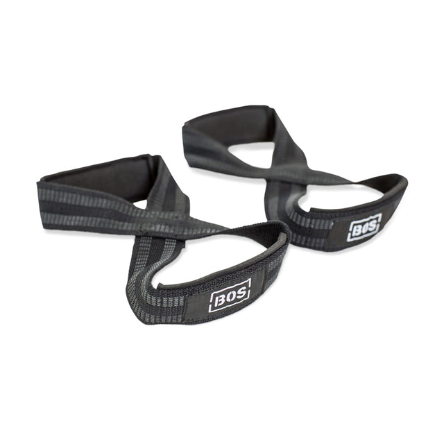 A pair of Bells of Steel Classic Figure 8 Lifting Straps in black fabric with reinforced stitching and white "BOS" logos, designed to boost grip strength, displayed on a white background.
