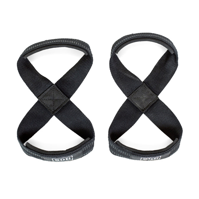 The Bells of Steel Classic Figure 8 Lifting Straps—two black, durable fabric straps—are shown side by side on a white background, perfect for enhancing grip strength during heavy lifts.