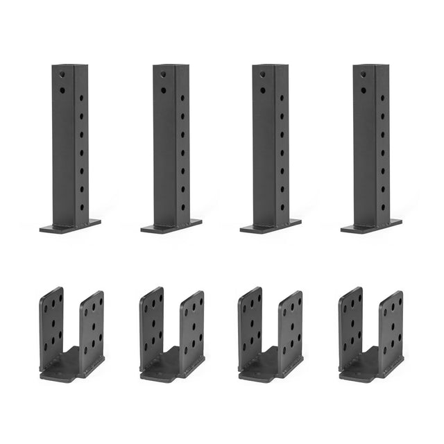 Eight metal Folding Rack Wall Connectors & Hinges from Bells of Steel are displayed against a white background. The top row has four rectangular brackets with multiple holes, and the bottom row features four U-shaped brackets with multiple holes, ideal for Hydra & Manticore racks.