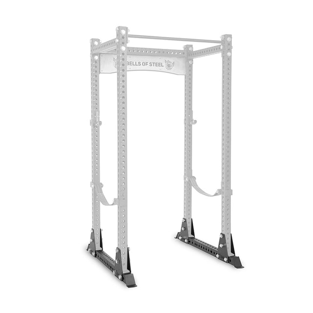 The silver and black Manticore Flat Foot Components by Bells of Steel feature multiple holes for adjustable attachments, a top pull-up bar, bottom support bands, and showcase a reinforced design with the brand name on the upper section.
