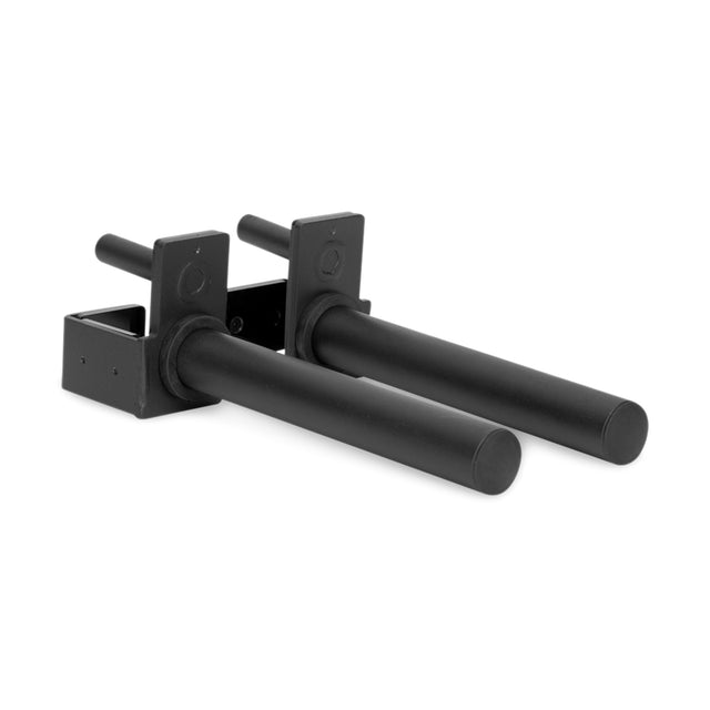 The Bells of Steel Pin Plate Pegs are black cylindrical metal attachments with square brackets, offering convenient Olympic weight plate storage on your gym rack or power cage.